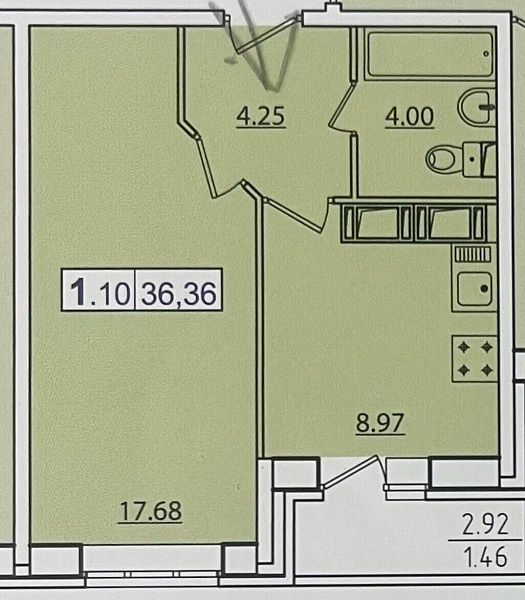 1-к квартира, 35 кв.м.